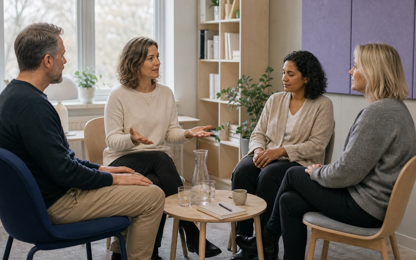 En liten grupp kollegor sitter tillsammans i ett möte och lyssnar uppmärksamt på personen som leder samtalet.